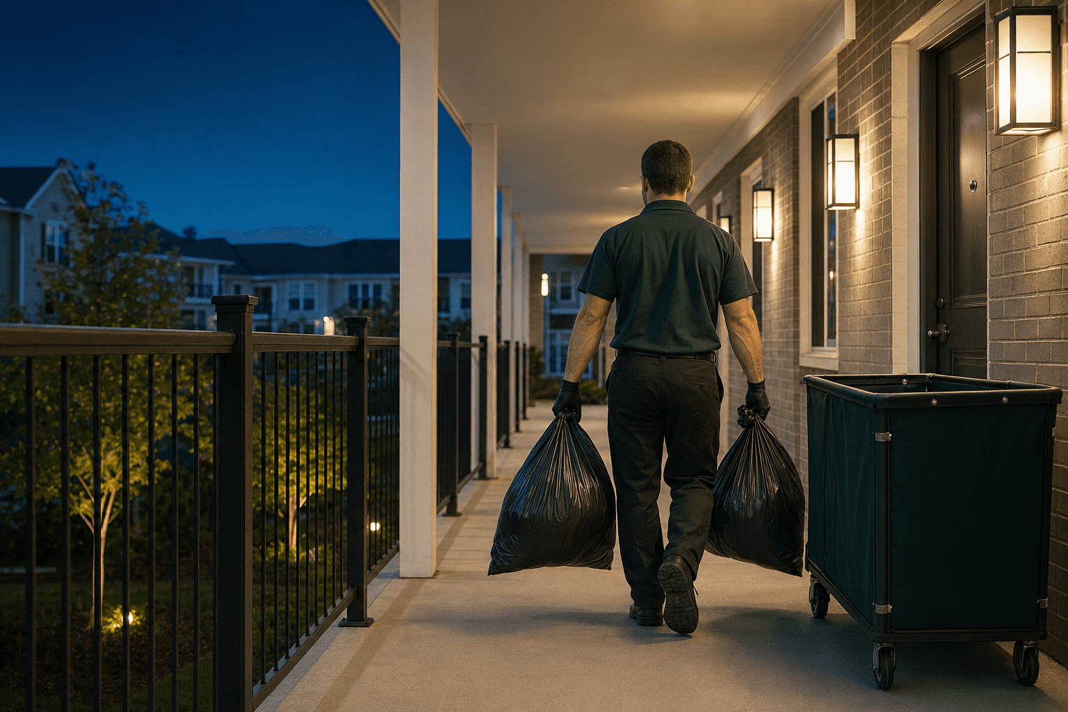 A uniformed doorstep waste team member servicing a clean apartment community at night